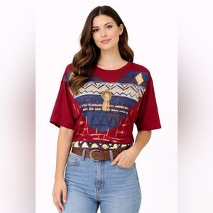 Vintage 80s Sassy Sport Red Southwestern Aztec Graphic Tee Shirt